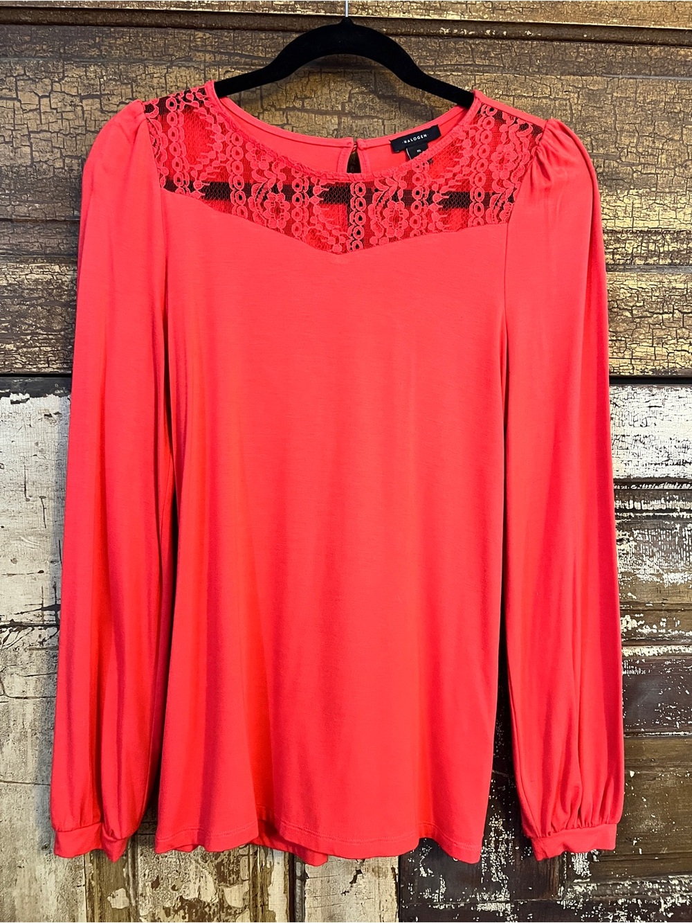 Halogen Lace Yoke Blouse | Coral Pink Long Sleeve Top | Feminine Career | Size M